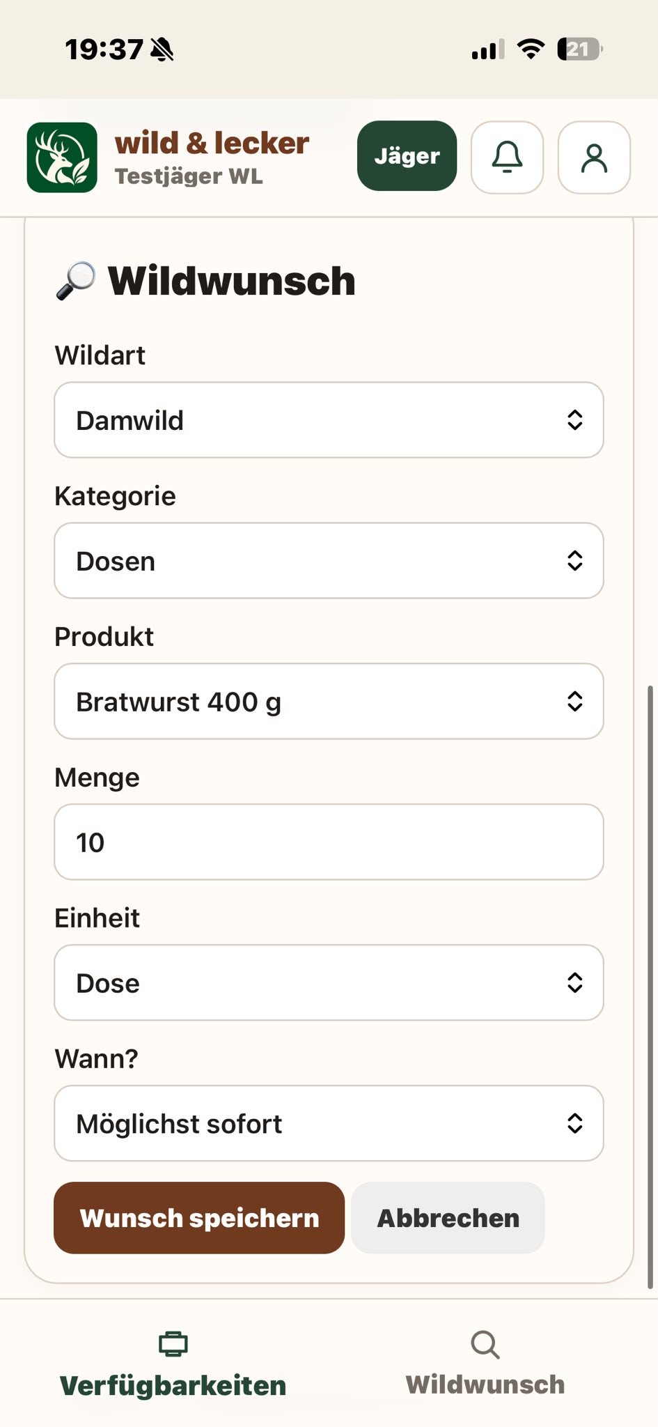 Echte wild & lecker Ansicht zum Hinterlegen eines Wildwunsches